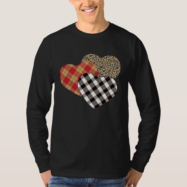 Big Three Hearts Leopard Buffalo Plaid  Valentine' T-Shirt (Front)