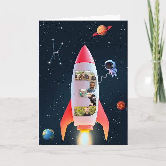 Big Three with Photos | 3rd Birthday Space Rocket Card (Front)