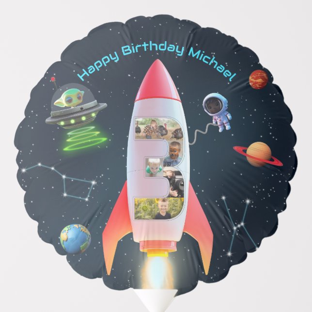 Big Three with Photos | Rocket Space 3rd Birthday Balloon (Front)