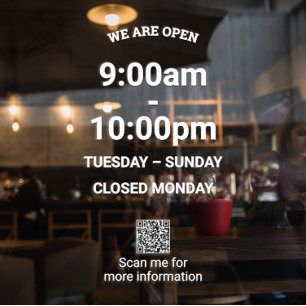 Big Time Modern White Store Hours with QR Code Window Cling