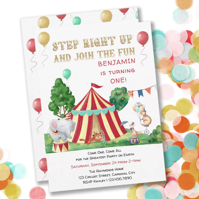 Big Top and Circus Animals 1st Birthday Invitation | Zazzle