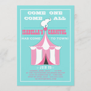 Big Top Carnival Birthday Party Turquoise   Pink Invitation