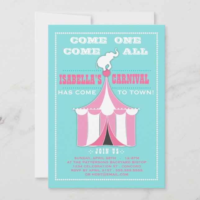 Big Top Carnival Birthday Party Turquoise | Pink Invitation (Front)
