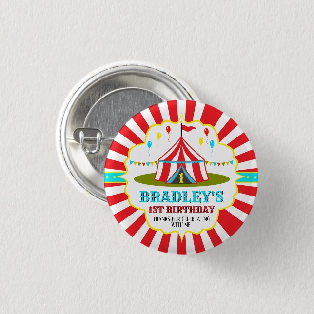 Big Top Circus Carnival 1st Birthday Button (Front & Back)