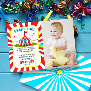 Big Top Circus Carnival 1st Birthday Photo Thank You Card