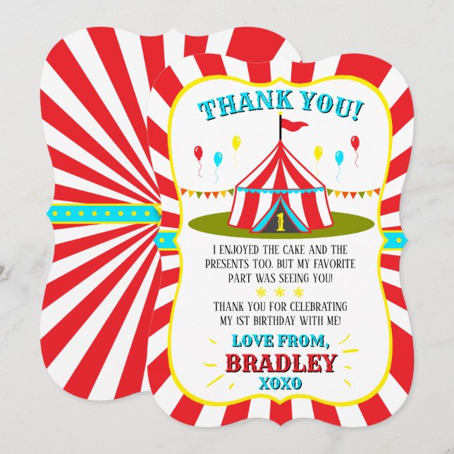 Big Top Circus Carnival 1st Birthday Thank You Card (Front/Back)