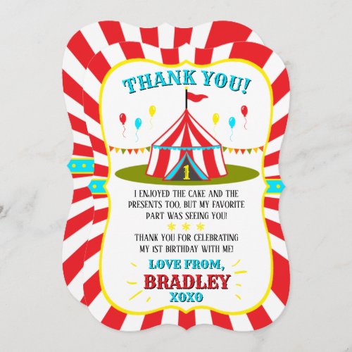 Big Top Circus Carnival 1st Birthday Thank You Card