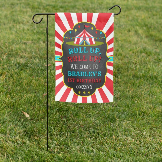 Big Top Circus Carnival 1st Birthday Welcome Garden Flag (In SItu)