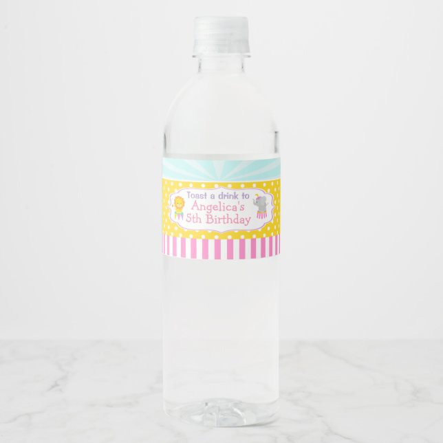 Big Top Circus Carnival Birthday in Pink Water Bottle Label (Front)