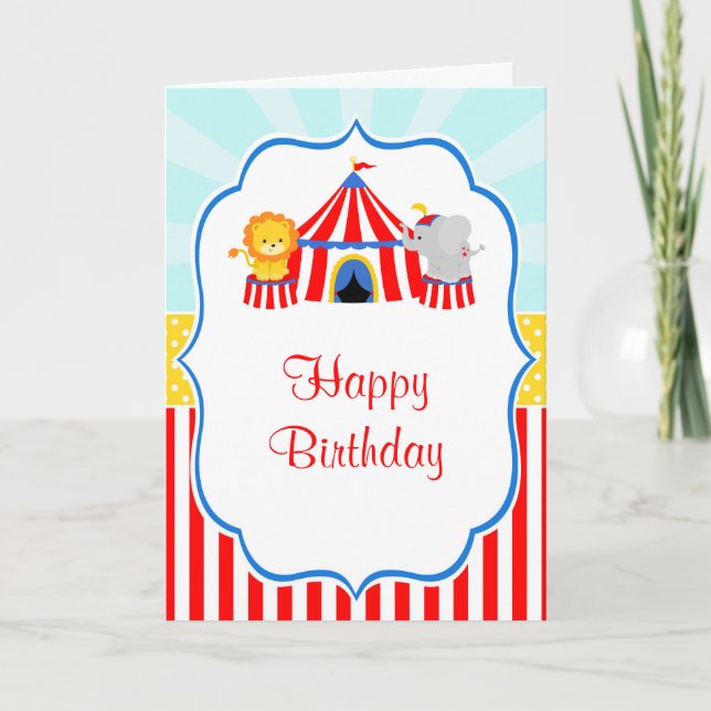 Big Top Circus Carnival Birthday in Red Birthday Card (Front)