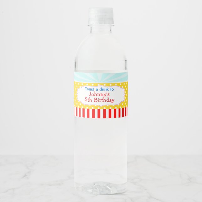Big Top Circus Carnival Birthday in Red Water Bottle Label (Front)