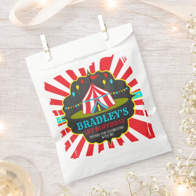 Big Top Circus Carnival Chalkboard 1st Birthday Favor Bag (Clipped)