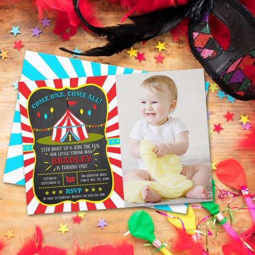 Big Top Circus Carnival Chalkboard 1st Birthday Invitation