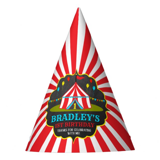 Big Top Circus Carnival Chalkboard 1st Birthday Party Hat (Front)