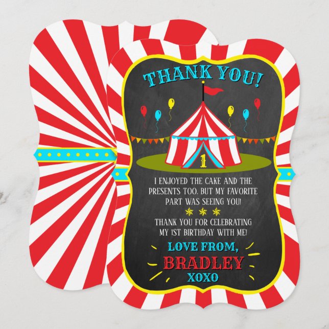 Big Top Circus Carnival Chalkboard 1st Birthday Thank You Card (Front/Back)