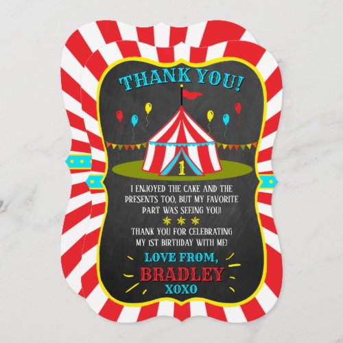 Big Top Circus Carnival Chalkboard 1st Birthday Thank You Card