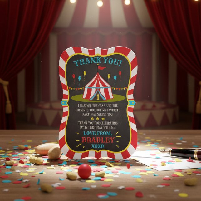 Big Top Circus Carnival Chalkboard 1st Birthday Thank You Card (Creator Uploaded)