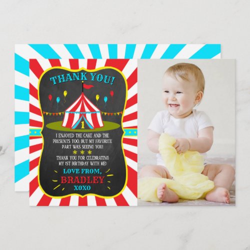 Big Top Circus Carnival Chalkboard 1st Birthday Thank You Card