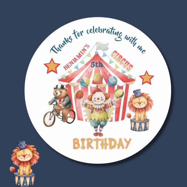 Big Top Circus Carnival Fifth Birthday  Classic Round Sticker (Creator Uploaded)