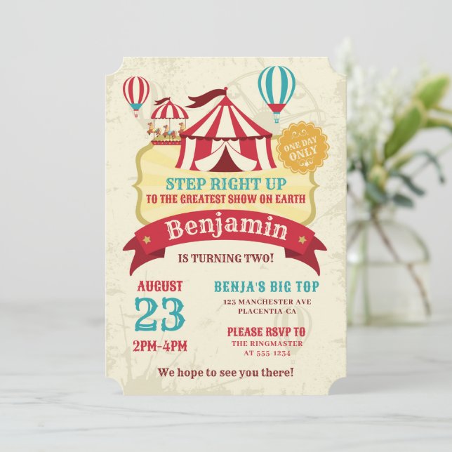 Big Top Circus Carnival Vintage Birthday Party Invitation (Standing Front)