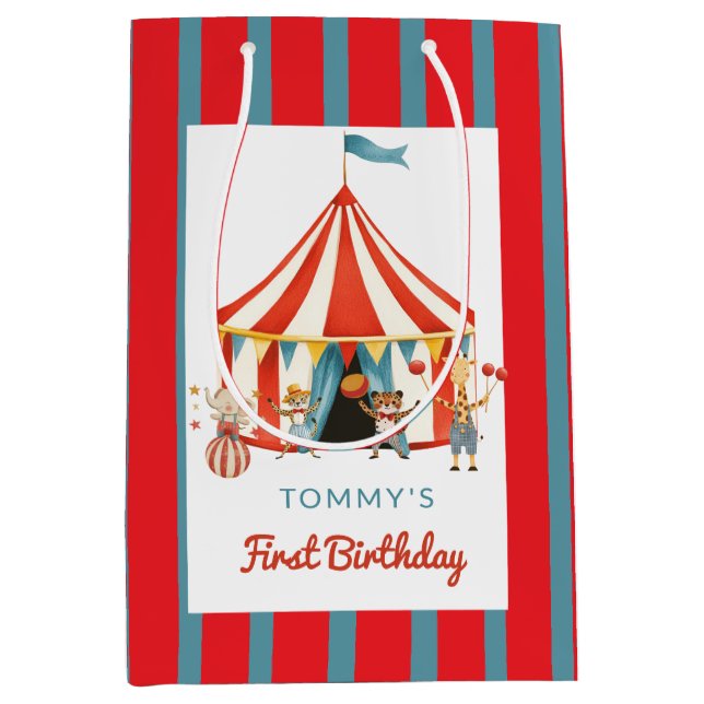 Big Top First Birthday Fun Red Blue Animals Medium Gift Bag (Front)