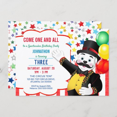 Big Top Polar Bear Circus  Kids Birthday Party Invitation