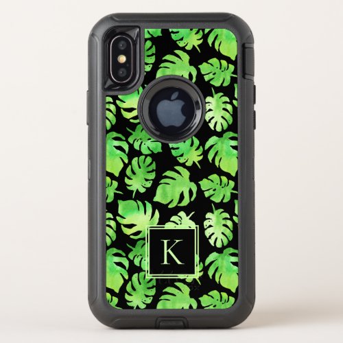 Big Tropical Watercolor Leaves Pattern Monogram OtterBox Defender iPhone X Case