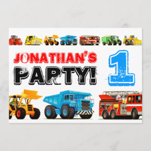 Big Trucks 1st Birthday Party Invitation