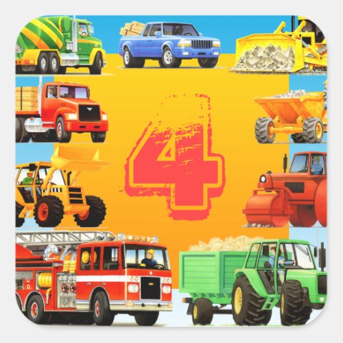 Big Trucks 4th Birthday Party Custom Kids Square Sticker