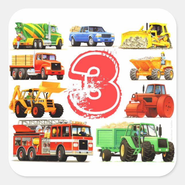 Big Trucks Boys 3rd Birthday Square Sticker (Front)