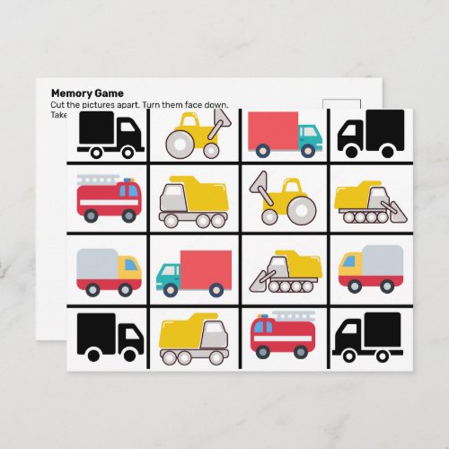 Big Trucks _ Pre_K memory game on a  Postcard