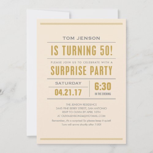 Big Type 50th Birthday Surprise Party Invitations - Surprise 50th birthday party invitations with a fun light colored design.  Customize the wording to fit your party needs.