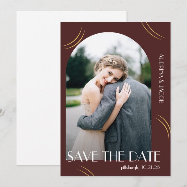 Big Typography Burgundy Photo Wedding Save The Date (Front/Back)