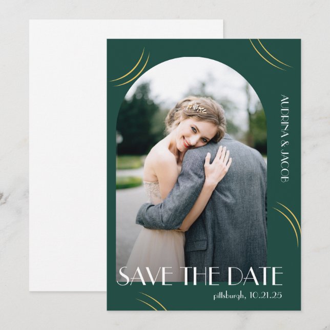 Big Typography Emerald Green Photo Wedding Save The Date (Front/Back)