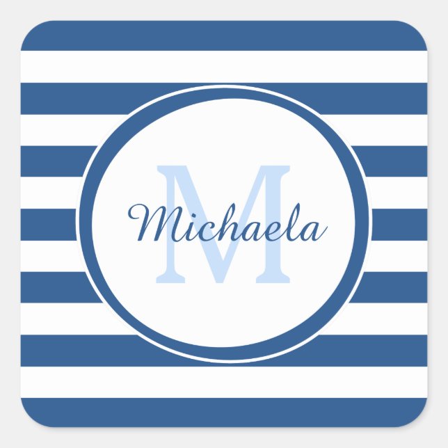 Big Vivid Blue Stripes With Cool Monogrammed Name Square Sticker (Front)