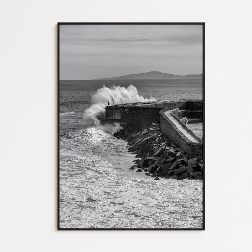 Big wave crashing into the harbor black and white poster