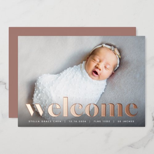 Big Welcome  Rose Gold Foil Birth Announcement