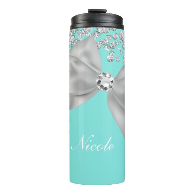 Big White Bow & Diamonds Blue Thermal Tumbler (Front)