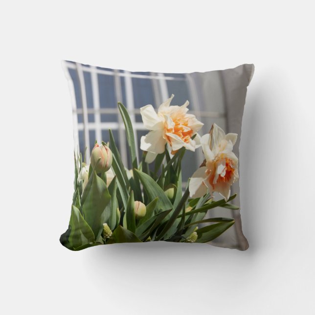 Big white daffodils on a spring day poster throw p pillow (Front)
