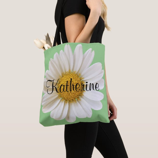 Big White Daisy Flower Personalized Name Tote Bag (Close Up)
