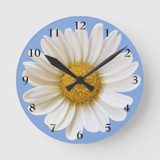 Big White Daisy on Light Blue Round Clock