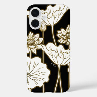 Big White Flowers on Black with Khaki Trim iPhone 16 Case