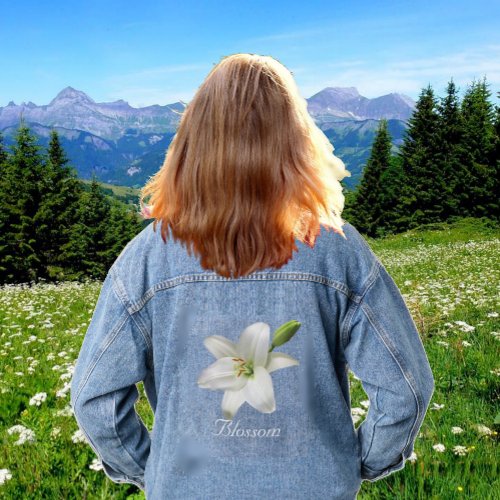 Big White Lily Flower and Calligraphy Denim Jacket