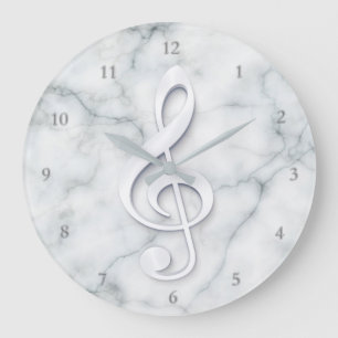 big white music clef design on marble large clock