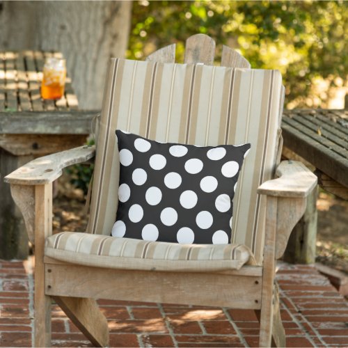 Big White Polka Dots on Black Outdoor Throw Pillow