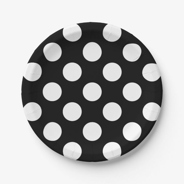 Big White Polka Dots on Raven Black Paper Plates (Front)