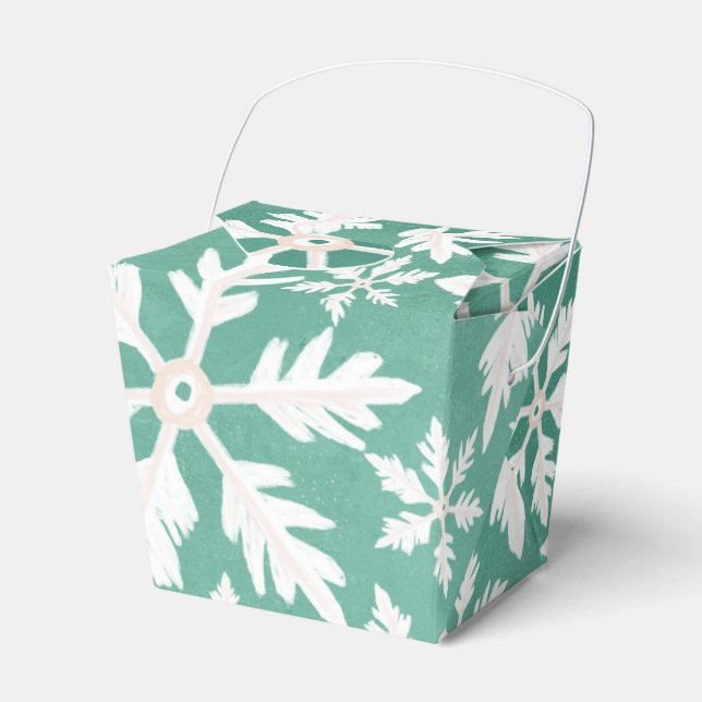 Big White Snowflakes Falling Green Background Favor Boxes (Front Side)