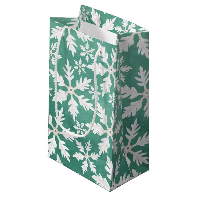Big White Snowflakes Falling Green Background Small Gift Bag (Front Angled)