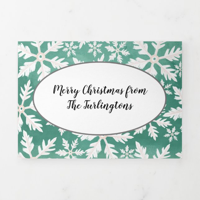 Big White Snowflakes Falling Green Background Tri-Fold Holiday Card (Cover)