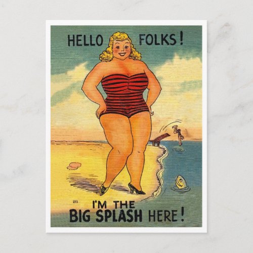 Big woman on the beach funny vintage postcard